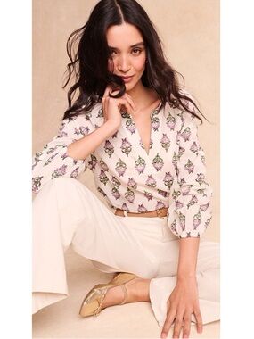 J.Crew Bohemian India Block Print Printed Popover Blouse Size Large NWT